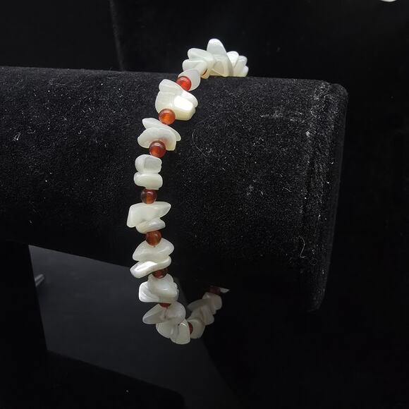 925 HK Mother of Pearl Red Carnelian Carved Flower Necklace Bracelet Set - Picture 12 of 12